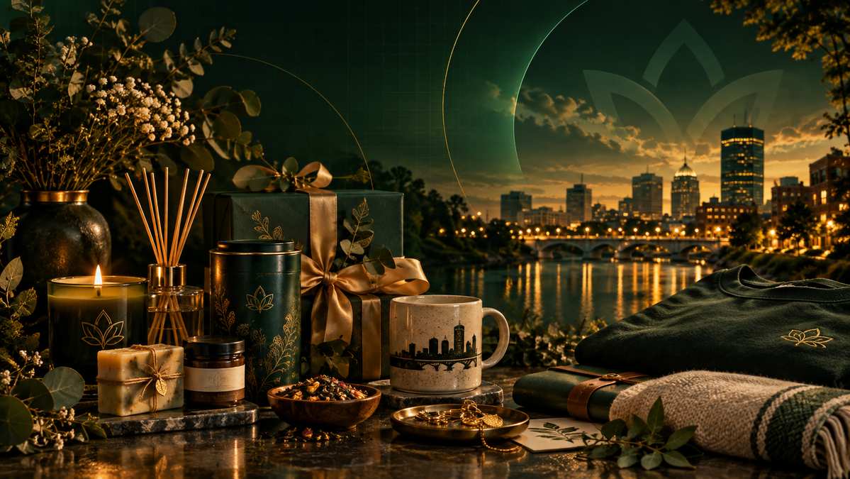 Emerald and gold editorial still life representing the refined Boutique experience