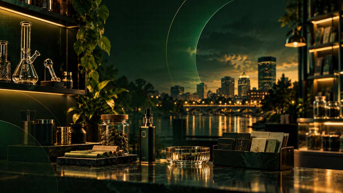 Emerald and gold editorial retail environment representing the EP Smoke experience